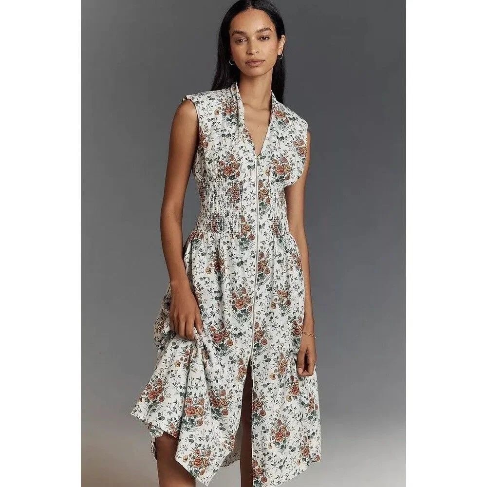 Anthropologie The Tommie Zip-Front Midi Dress Maeve Ivory Floral 1X NWT
